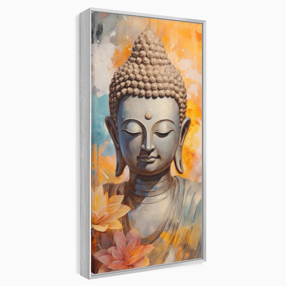 Tablou canvas cu tablou canvas cu buddha si flori de lotus, in rama de aluminiu argintiu